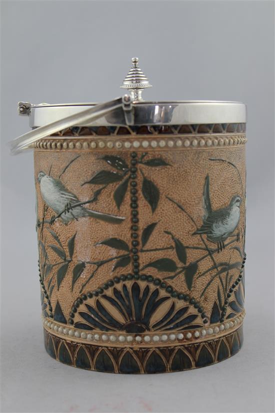 A Doulton Lambeth stoneware biscuit barrel, by Florence E. Barlow, dated 1884, 16cm. to finial
